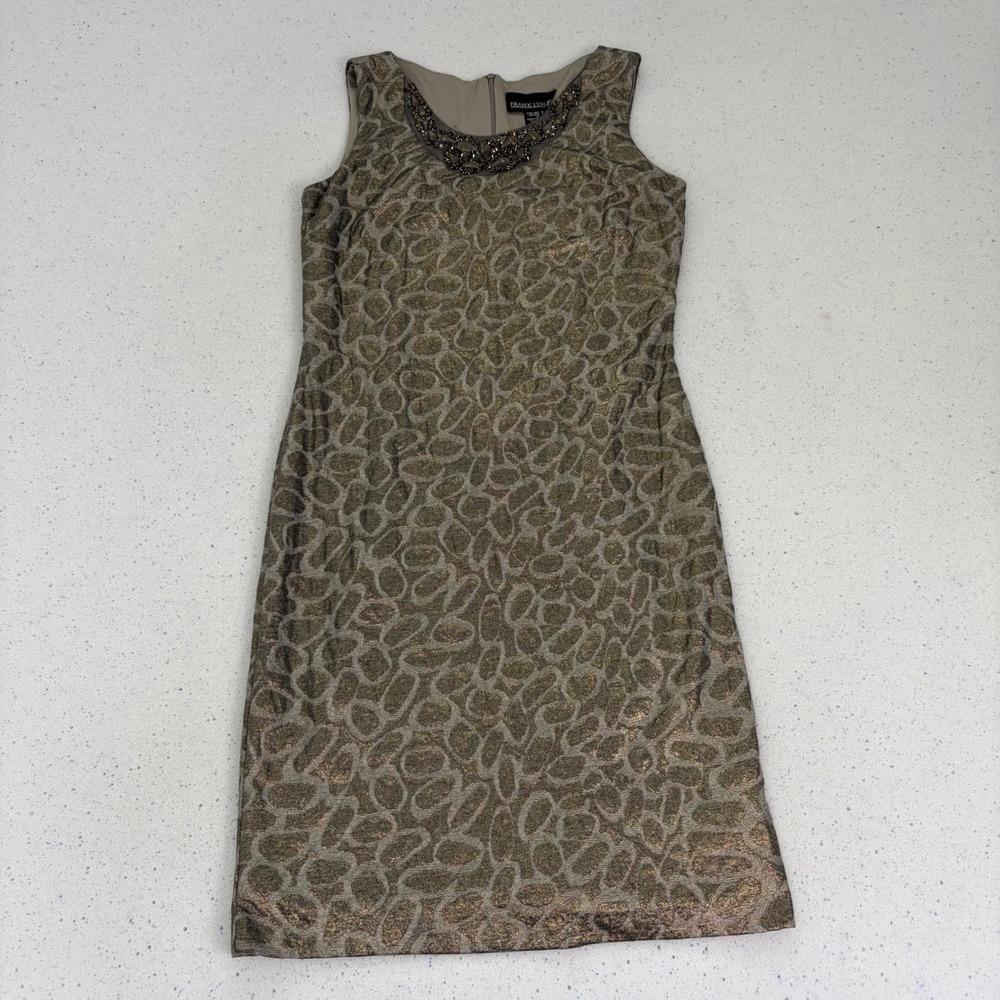 Frank Lyman Design Metallic Olive & Gold Sleeveless Beaded Sheath Dress